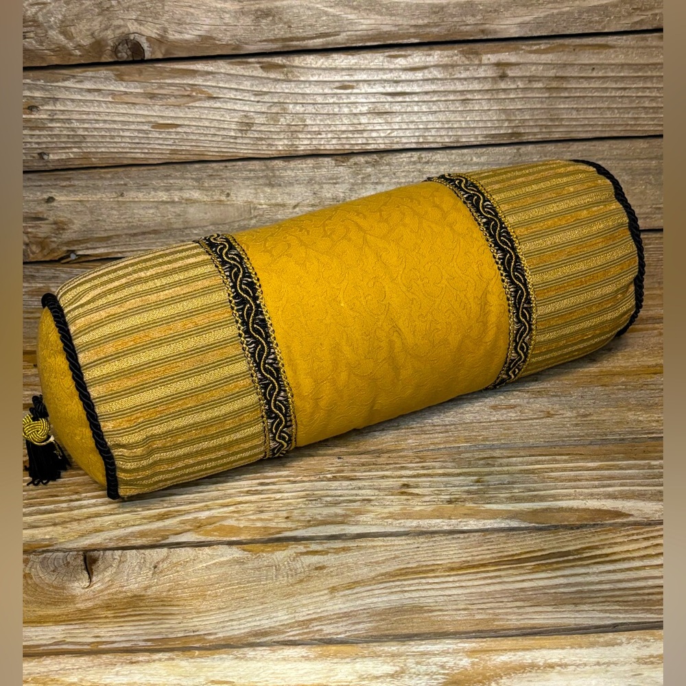 Decorative Round Lumbar Pillow Gold with Black Tassels Neck Roll
